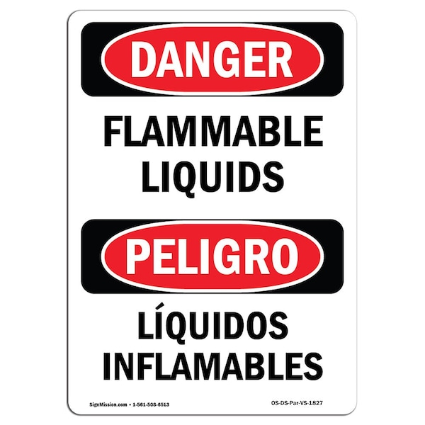 Safety Sign, OSHA Danger, 5" Height, Flammable Liquids Bilingual Spanish, 10PK